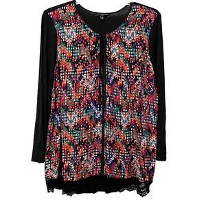 SIGNATURE STUDIO LONG SLV V-NECK TUNIC BLOUSE, WOMENS, 2X, BLACK & MULTICOLOR
